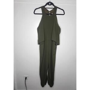 Bar III Jumpsuit Womens Large Olive Green Sleeveless High Neck Overlay Pockets